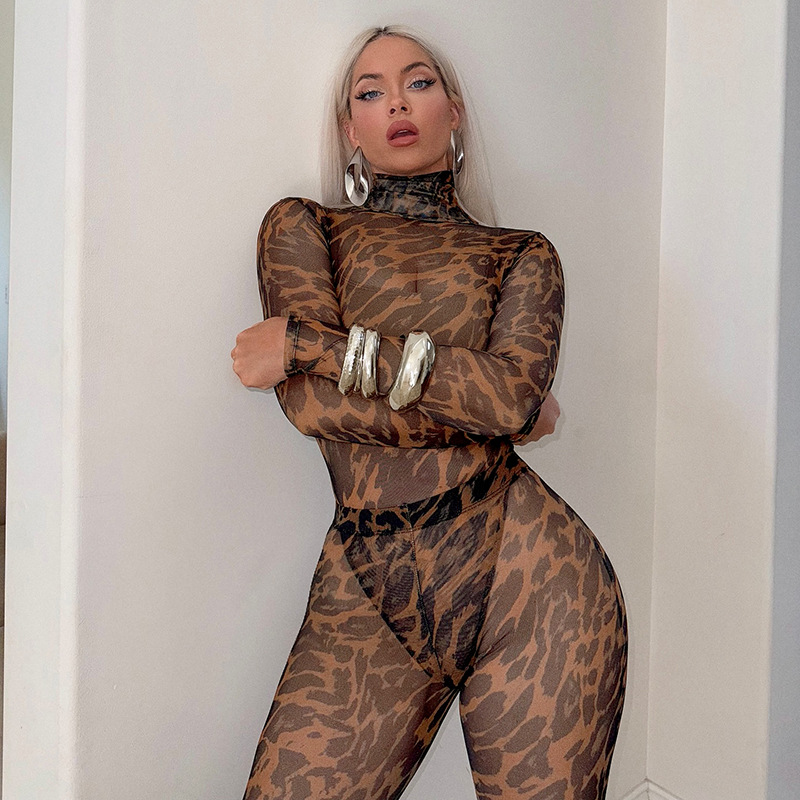 Women Leopard Print Mesh High Neck Long Sleeve Fingerless Bodysuit and Tights Two-Piece Set