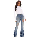Women Casual Ripped Washed Bell Bottom Denim Pants