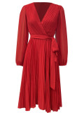 Women V-Neck Lace-Up Long-Sleeved Dress