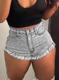 Women Light Gray Fringed Denim Shorts