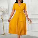 Plus-Size Women Sexy Short-Sleeved V-Neck Elegant Pleated African Dress