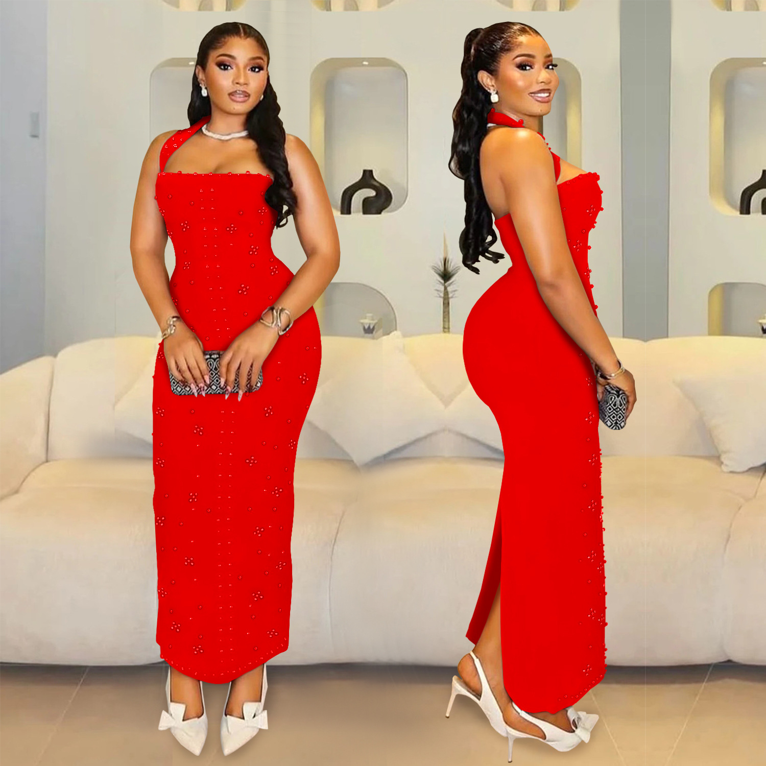 Women Halter Neck Beaded Bodycon Dress