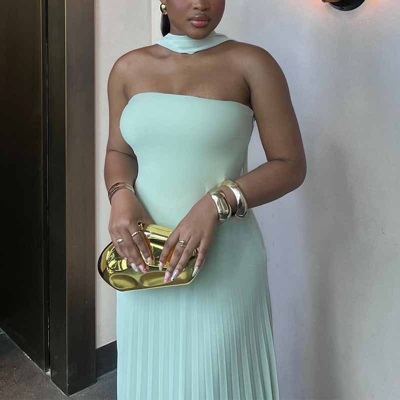Women Summer Collarless Solid Pleated Strapless Dress