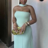 Women Summer Collarless Solid Pleated Strapless Dress