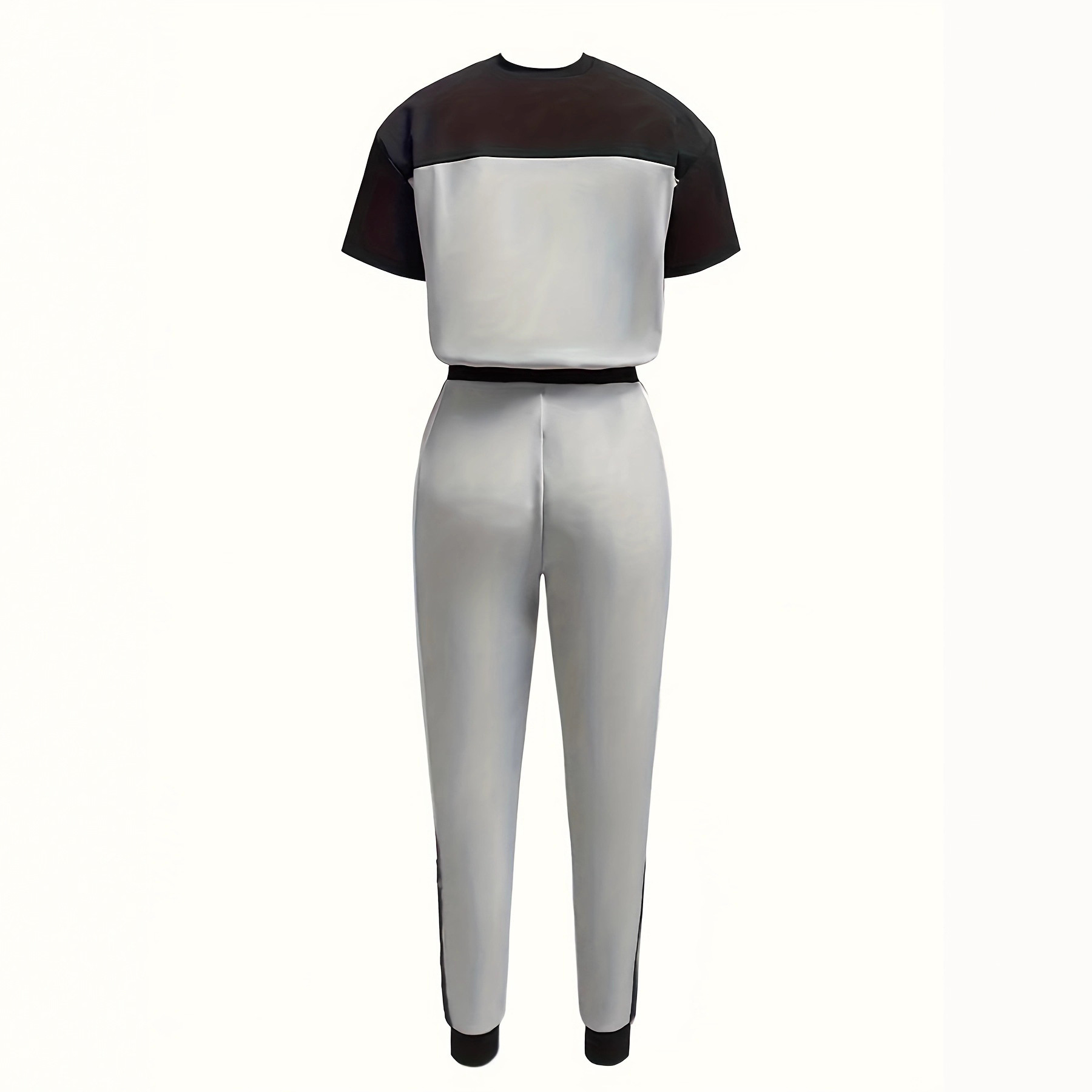 Women Casual Colorblock Short-Sleeved Round Neck T-Shirt and Lace-Up Pants Two-Piece Set