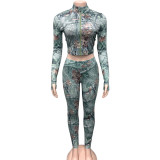Women Printed Long-Sleeved Cropped Zipper Top and Pants Two-Piece Set