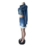 Women Stretchy Denim Feather Long-Sleeved Top and Skirt Two-Piece Set