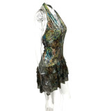 Women Summer Patchwork Ruffle Edge Irregular Backless Sexy Halter Neck Dress
