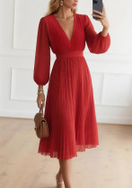 Women V-Neck Lace-Up Long-Sleeved Dress Women V-Neck Lace-Up Long-Sleeved Dress