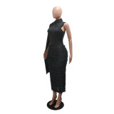 Women Round Neck Sleeveless Patchwork Bodycon Dress