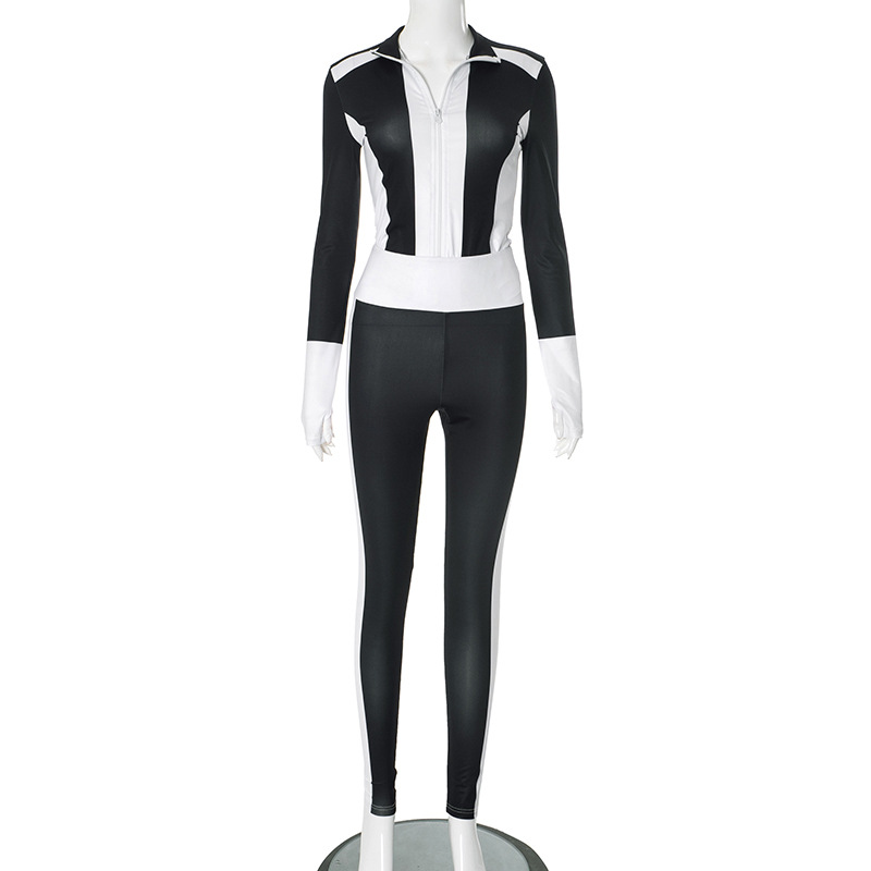 Women Sporty Casual Long-Sleeved Contrast Color Top and Pant Two-Piece Set