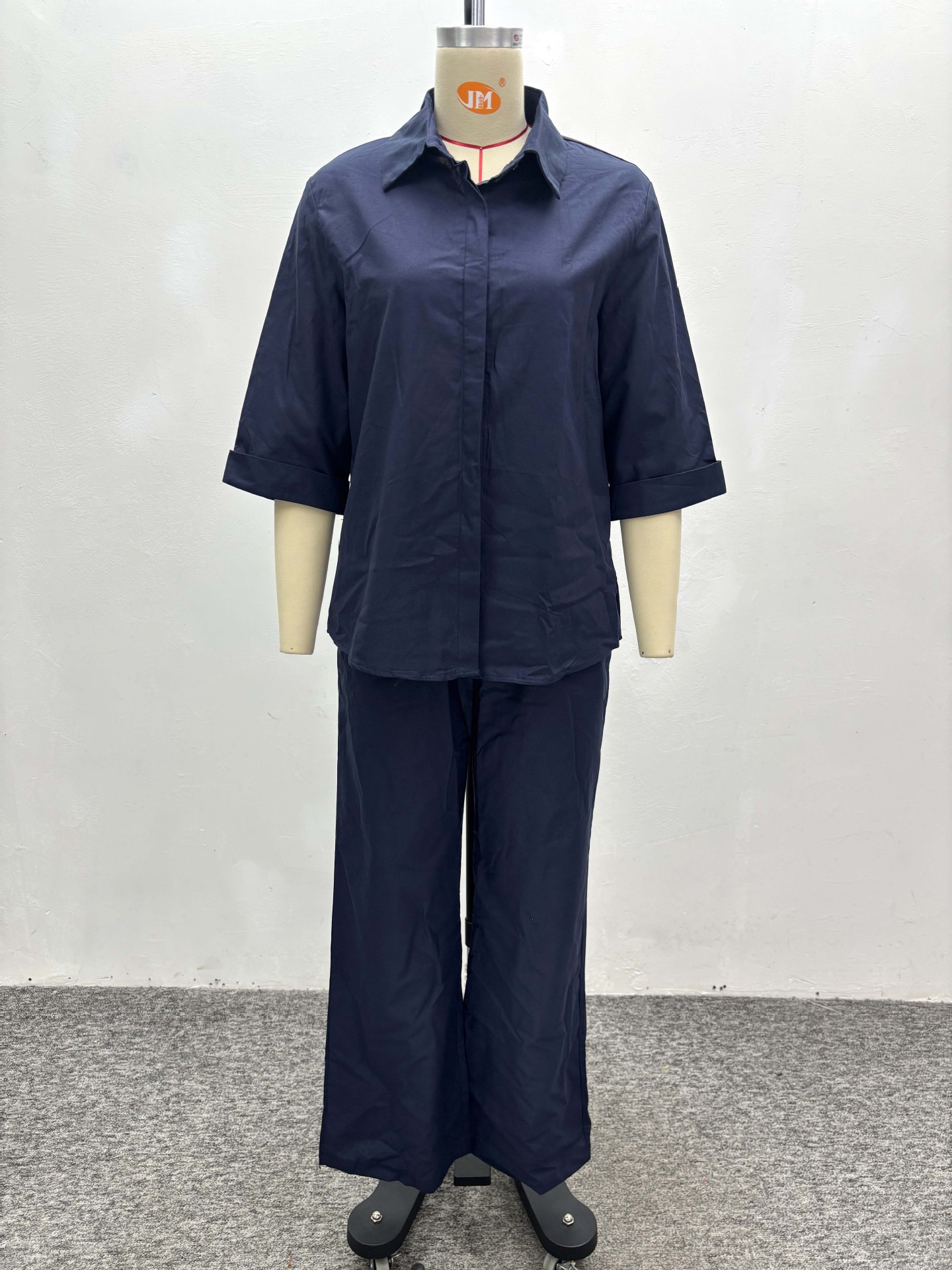 Plus Size African Women Casual Solid Turndown Collar Shirt and Wide-Leg Pants Two-Piece Set