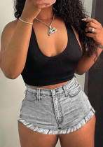 Women Light Gray Fringed Denim Shorts Women Light Gray Fringed Denim Shorts