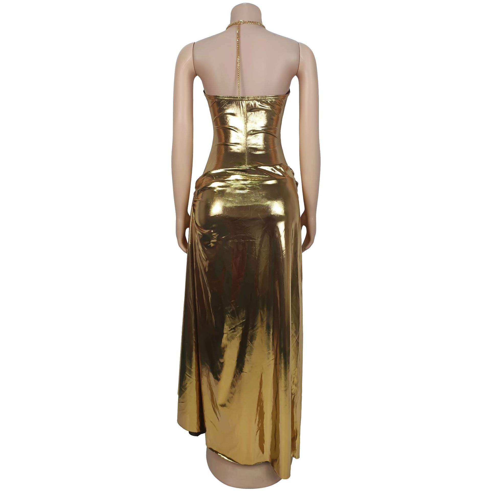 Women Sexy Halter Neck Gold Chain Pleated Dress