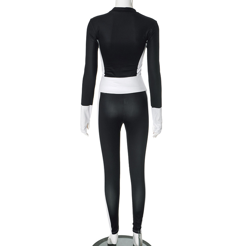 Women Sporty Casual Long-Sleeved Contrast Color Top and Pant Two-Piece Set