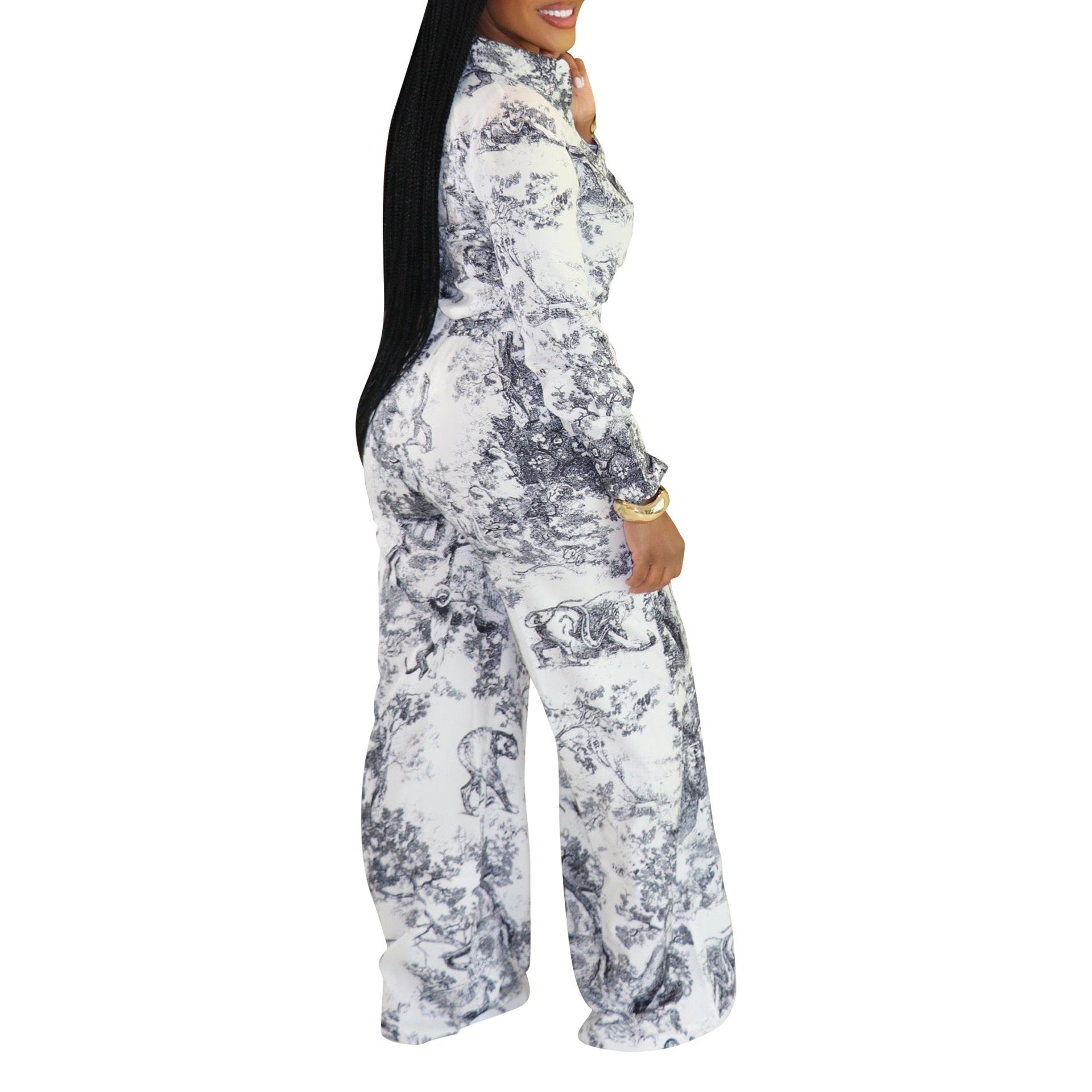 Women Casual Long-Sleeved Shirt and Pants Two-Piece Set