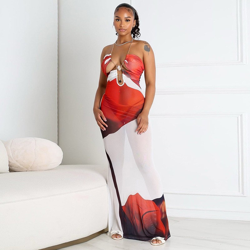 Women Floral Print Shell Chain Halter Neck Cutout Backless Mesh Dress