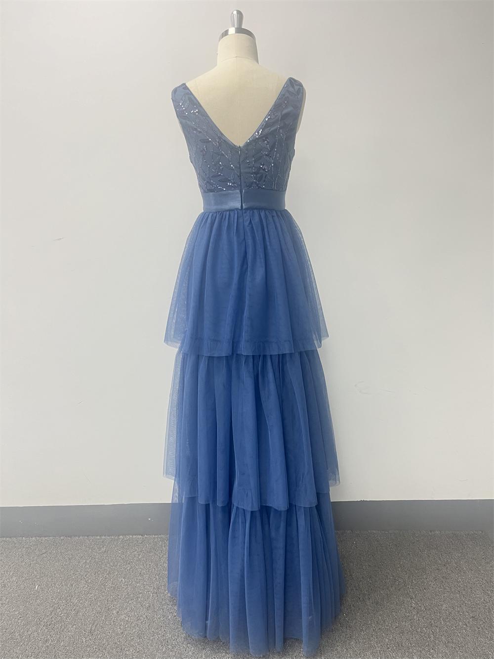 Women Fall Mesh Cascading Ruffles Sleeveless V-Neck Evening Dress