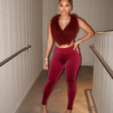 Women Furry Halter Neck Backless Lace-Up Top and Two-Piece Pants Set