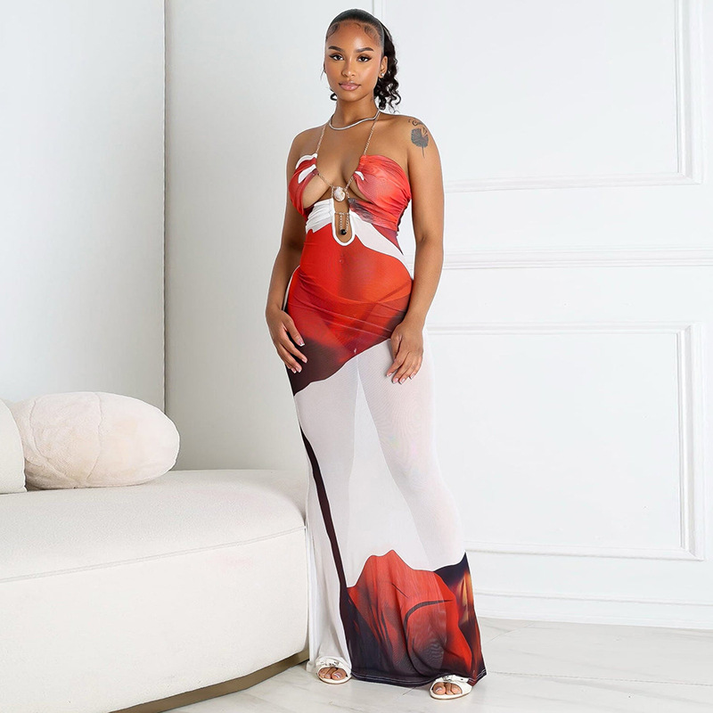 Women Floral Print Shell Chain Halter Neck Cutout Backless Mesh Dress