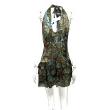 Women Summer Patchwork Ruffle Edge Irregular Backless Sexy Halter Neck Dress