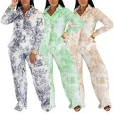 Women Casual Long-Sleeved Shirt and Pants Two-Piece Set