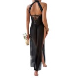 Women Lace-Up Cutout Patchwork See-Through Mesh Slit Dress