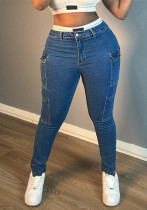 Women Multi-Pocket Dark Blue Denim Pants Women Multi-Pocket Dark Blue Denim Pants