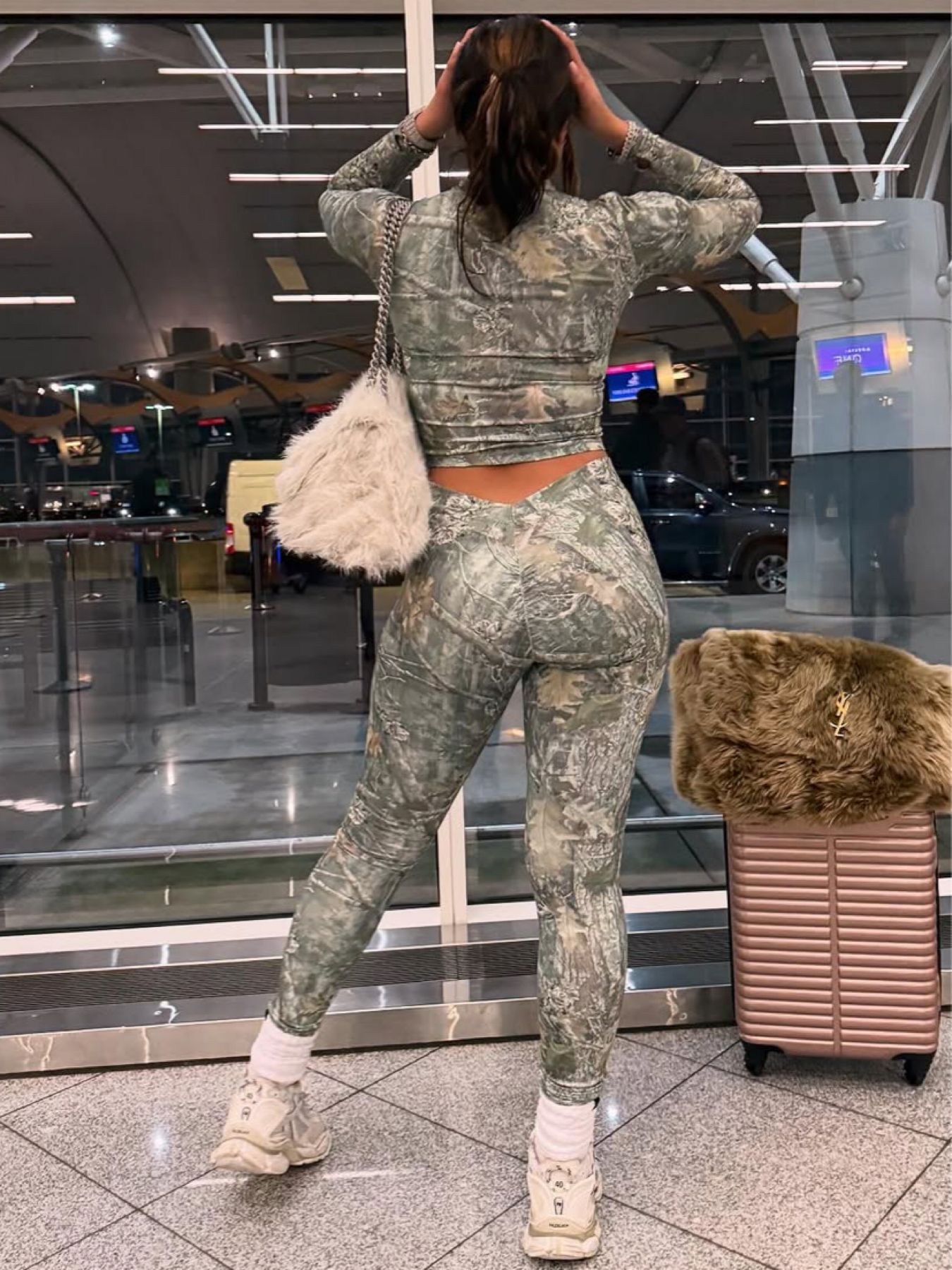 Women Printed Long-Sleeved Cropped Zipper Top and Pants Two-Piece Set