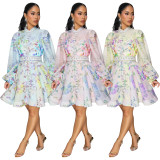 Women Printed Lantern Sleeve Buttoned Dress with Belt