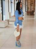 Women Stretchy Denim Feather Long-Sleeved Top and Skirt Two-Piece Set