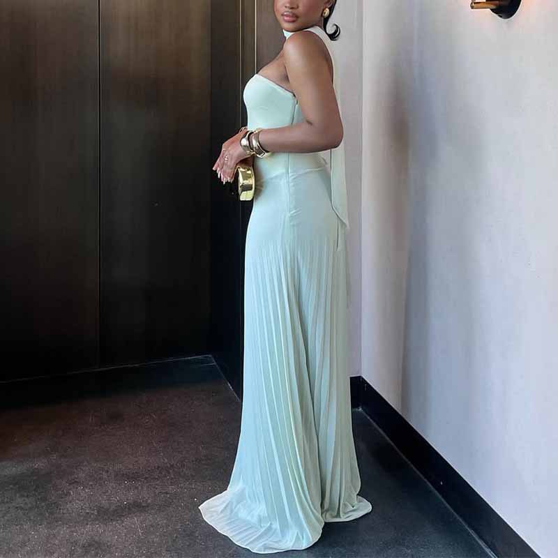 Women Summer Collarless Solid Pleated Strapless Dress