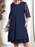 Plus Size Women Embroidered Chiffon Splicing Round Neck Half Sleeve  Casual  Dress
