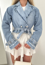 Women Turndown Collar Long-Sleeved Denim Trench Coat