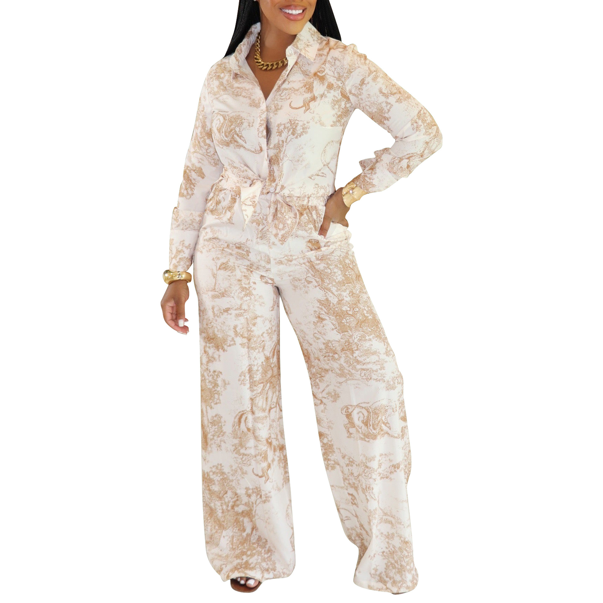 Women Casual Long-Sleeved Shirt and Pants Two-Piece Set