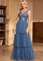 Women Fall Mesh Cascading Ruffles Sleeveless V-Neck Evening Dress