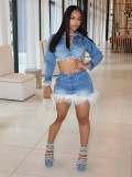 Women Stretchy Denim Feather Long-Sleeved Top and Skirt Two-Piece Set