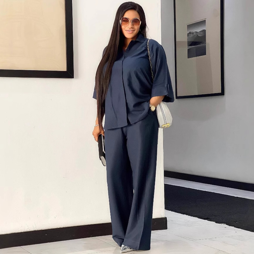 Plus Size African Women Casual Solid Turndown Collar Shirt and Wide-Leg Pants Two-Piece Set