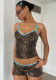 Women Leopard Print Lace Tank Top and Shorts Two-Piece Set