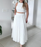 Women White Lace Sleeveless Crop Top and Skirt Two-Piece Set