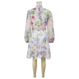 Women Printed Lantern Sleeve Buttoned Dress with Belt