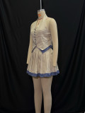 Women Summer Off-White and Blue Plaid Patchwork Halter Neck V-Neck Button Top and Skirt Two-Piece Set