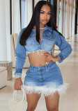Women Stretchy Denim Feather Long-Sleeved Top and Skirt Two-Piece Set