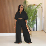 Women Casual V-Neck Crossover Top and Wide-Leg Pants Two-Piece Set