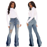 Women Casual Ripped Washed Bell Bottom Denim Pants