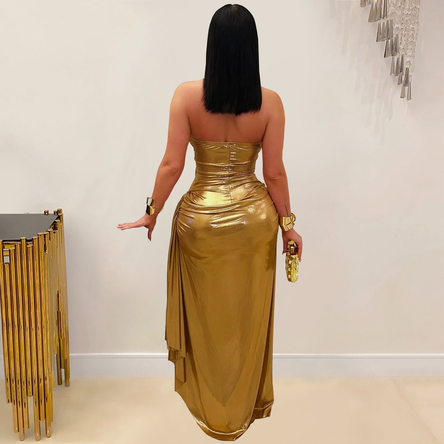 Women Sexy Halter Neck Gold Chain Pleated Dress