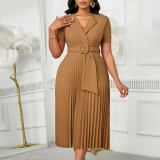 Plus-Size Women Sexy Short-Sleeved V-Neck Elegant Pleated African Dress