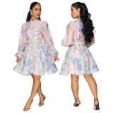 Women Printed Lantern Sleeve Buttoned Dress with Belt