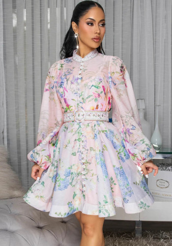 Women Printed Lantern Sleeve Buttoned Dress with Belt