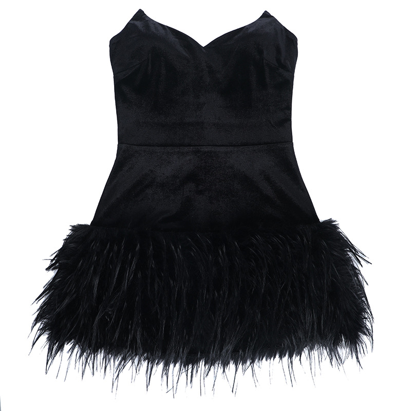 Women Strapless Sexy Furry Hem Short Evening Dress